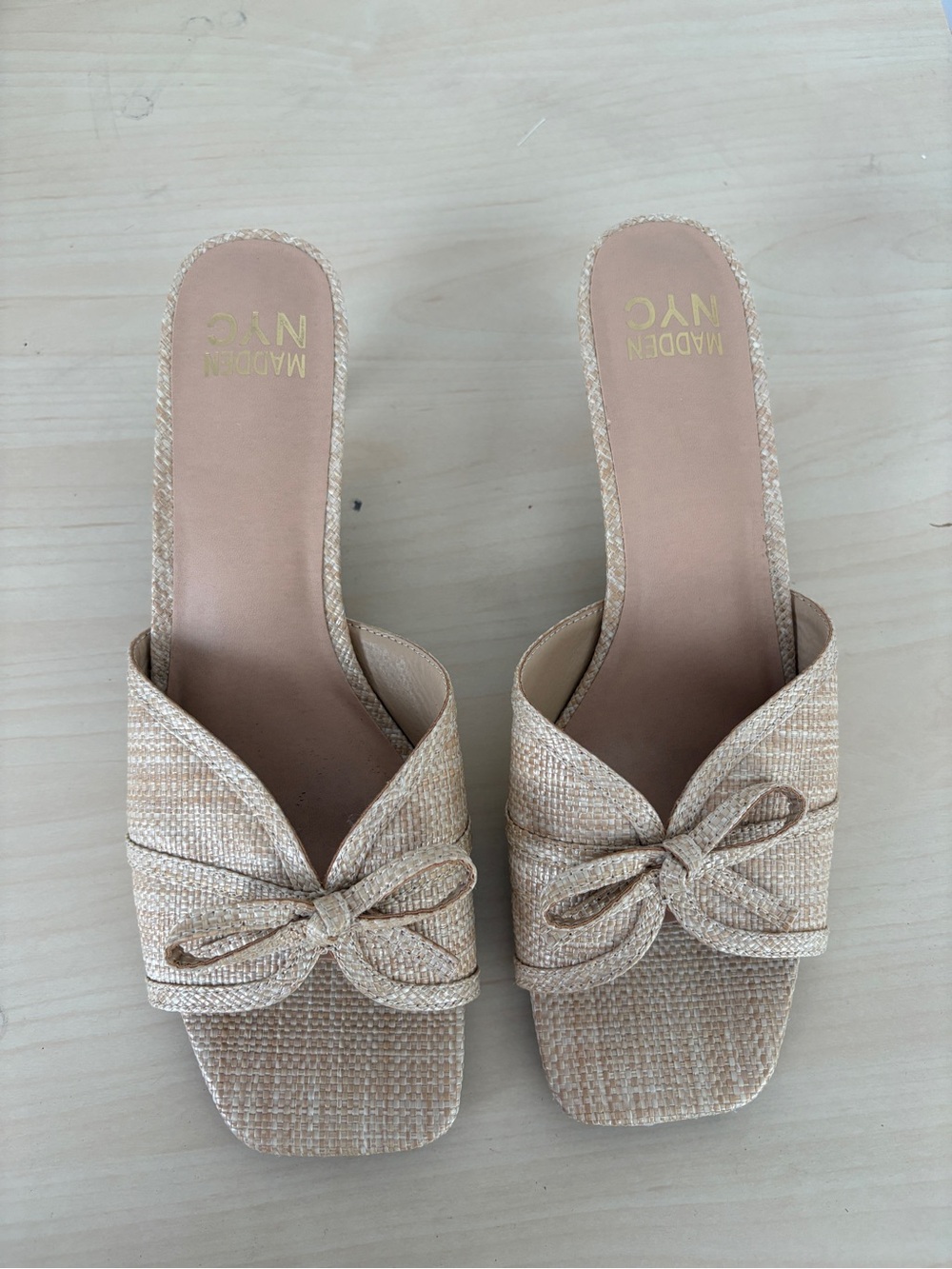Beige Bow Slide Mules — Neutral Woven Open-Back Slides